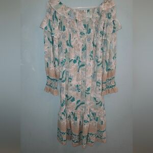 Sea Lustre Off Shoulder Smocked Teal and Beige Dress Floral Luxe Fabric